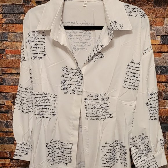 Cursive Newspaper Pattern Design Mini Long Sleeve Casual Shirt Dress,  (S-2XL) - Picture 5 of 9